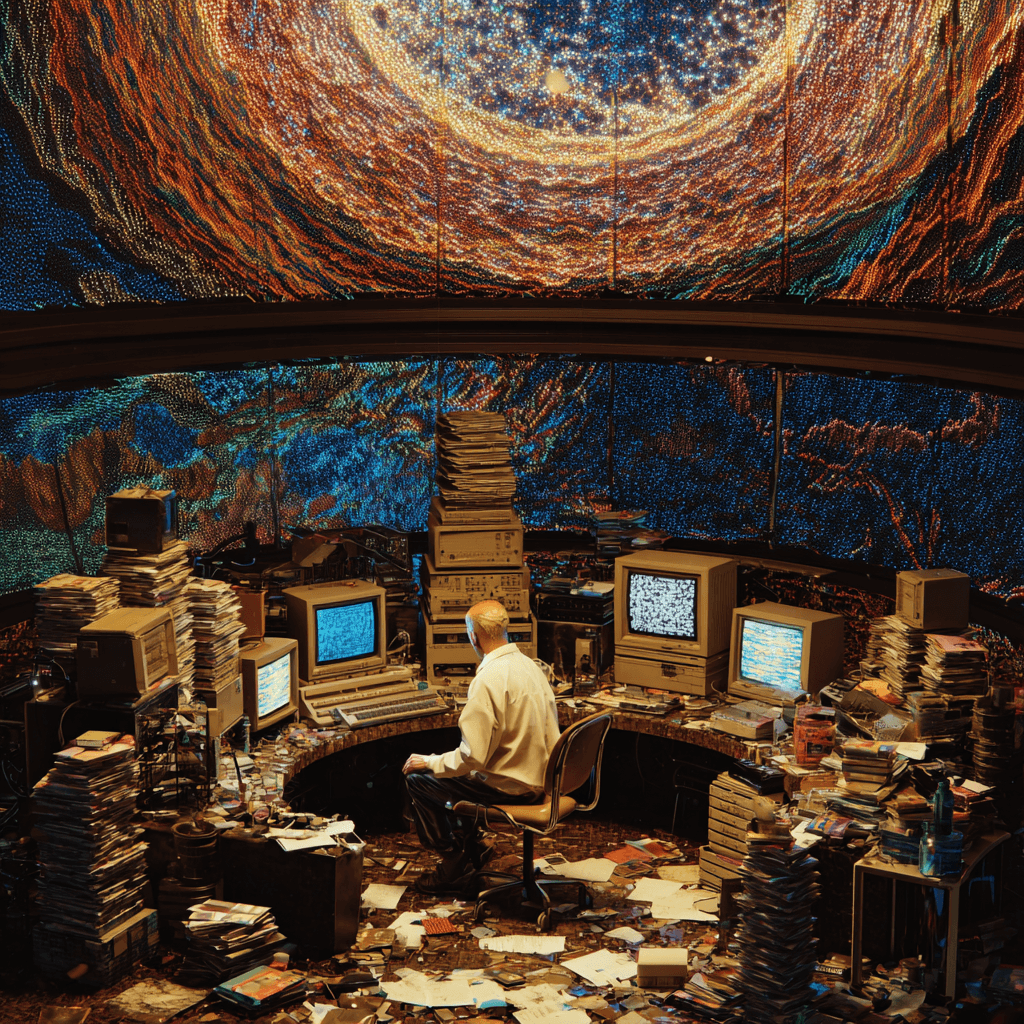 Researcher at the center of a cluttered workspace